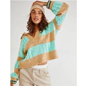 Free People Pembrook V-Neck Striped Cable Knit Collared Crop Sweater Size Small